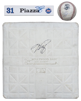 Lot of (3) Mike Piazza Signed New York Mets Game Used Items Including Base, Locker Tag & Baseball From His Mets Hall of Fame Induction Game (MLB Authenticated, Steiner & JSA)